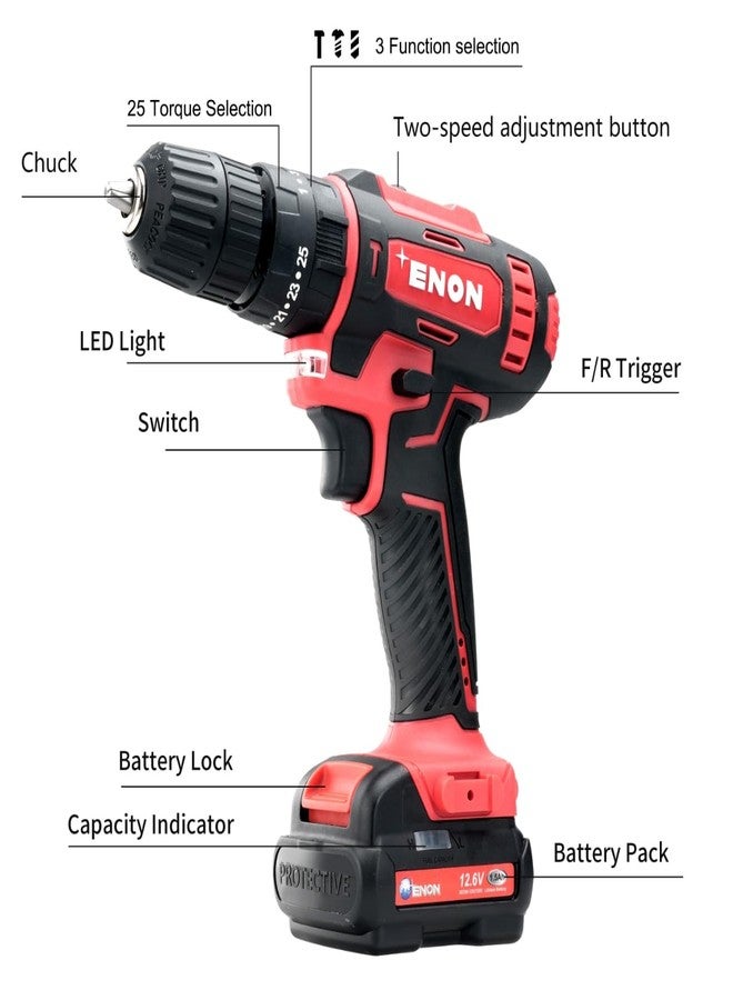 Enon Cordless Impact Drill for Home Use, 12.6V, 1500RPM, 22NM Torque, Keyless Chuck 10mm, 25 Level Torque, 2 Speed Modes, 3 Functions, Magnetic Base, 2x1.5Ah Batteries, 82 Pcs Drill Kit (XE-CD1610) - Image 2
